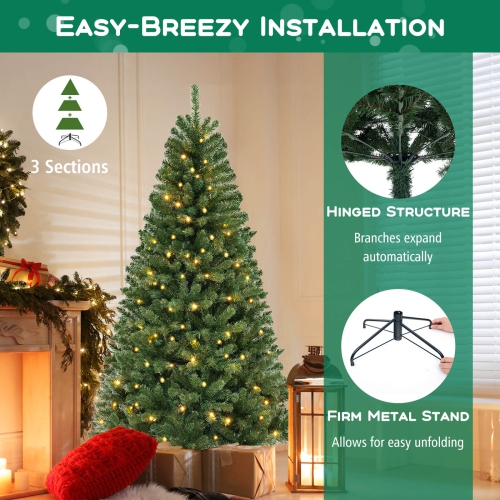 Costway 7 FT Christmas Tree with 830 PVC Branch Tips 250 Warm White LED Lights Gloves