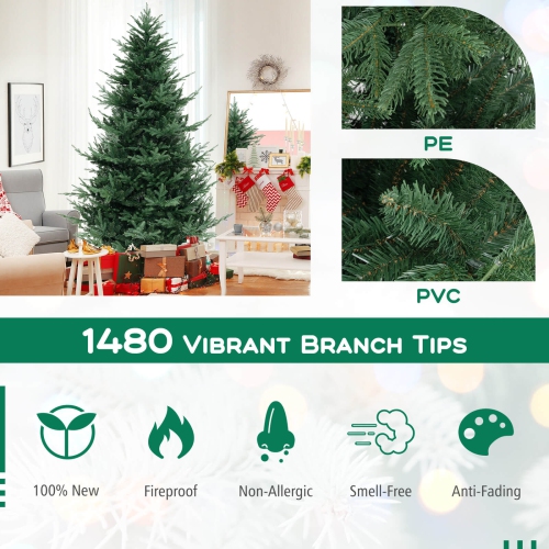 Costway 8 FT Artificial Xmas Tree with 1480 PVC PE Branch Tips 450 Warm White LED Lights