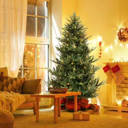 Arbre de Noël artificiel de 7 pi de Costway avec 1090 branches en PVC PE 340 lumières à DEL blanc chaud