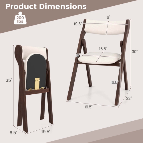 Costway Set of 2 Folding Chairs with Comfy Padded Backrest & Seat Natural Rubber Wood Frame