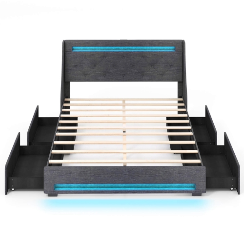 Costway Full Size Bed Frame with LED Lights & Charging Station Upholstered Platform Bed