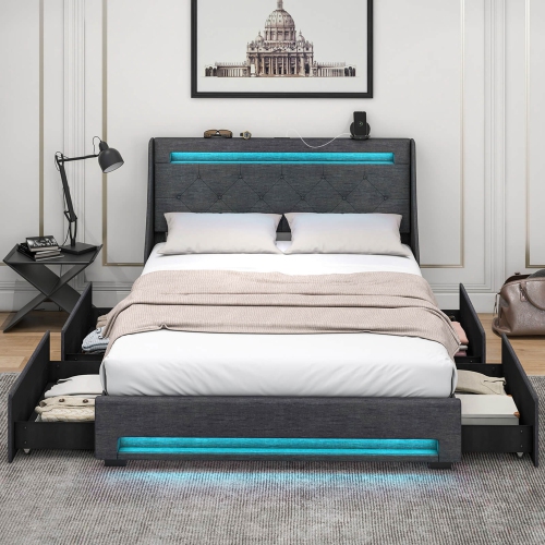 Costway Full Size Bed Frame with LED Lights & Charging Station Upholstered Platform Bed