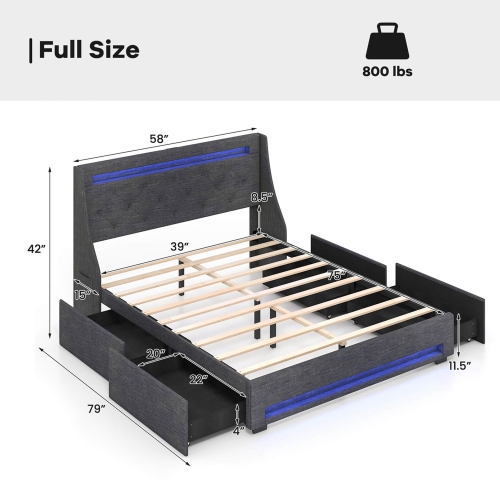Costway Full Size Bed Frame with LED Lights & Charging Station Upholstered Platform Bed