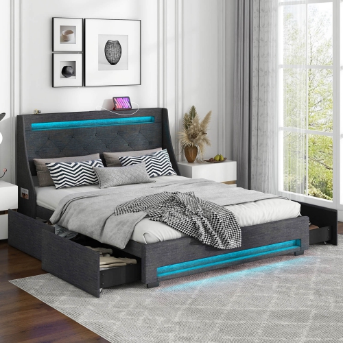 Costway Full Size Bed Frame with LED Lights & Charging Station Upholstered Platform Bed