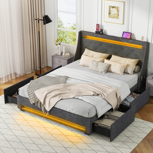 Costway Full Size Bed Frame with LED Lights & Charging Station Upholstered Platform Bed