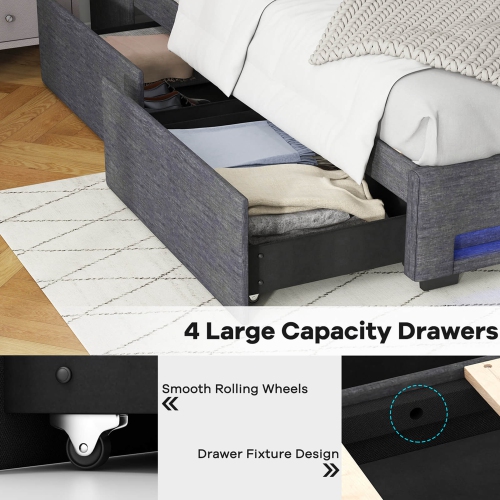 Costway Full Size Bed Frame with LED Lights & Charging Station Upholstered Platform Bed