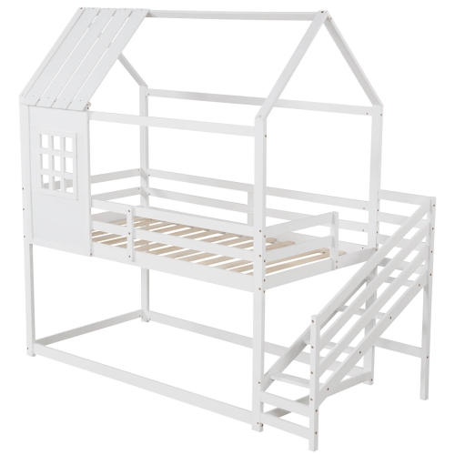 Costway Twin House Bunk Bed with Stairs Roof Rails & Window Full-length Guardrails