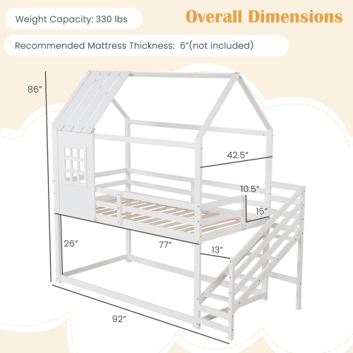 Costway Twin House Bunk Bed with Stairs Roof Rails & Window Full-length Guardrails