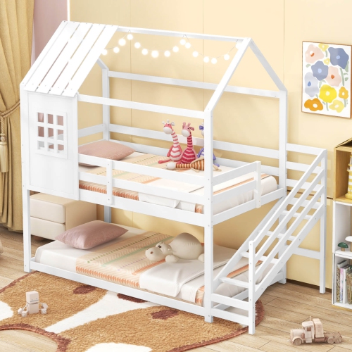Costway Twin House Bunk Bed with Stairs Roof Rails & Window Full-length Guardrails