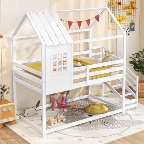 Costway Twin House Bunk Bed with Stairs Roof Rails & Window Full-length Guardrails