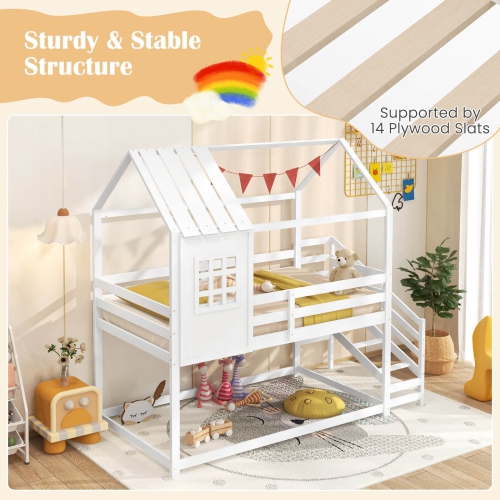 Costway Twin House Bunk Bed with Stairs Roof Rails & Window Full-length Guardrails