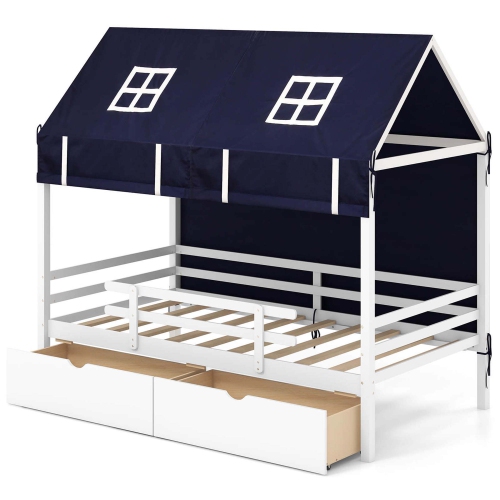 COSTWAY  Twin House Bed Solid Wood Playhouse Bed Low Loft Bed With Tent 2 Storage Drawers