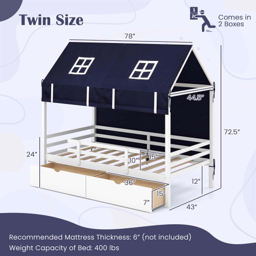 Costway Twin House Bed Solid Wood Playhouse Bed Low Loft Bed with Tent 2 Storage Drawers