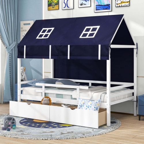Costway Twin House Bed Solid Wood Playhouse Bed Low Loft Bed with Tent 2 Storage Drawers