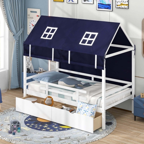 Costway Twin House Bed Solid Wood Playhouse Bed Low Loft Bed with Tent 2 Storage Drawers