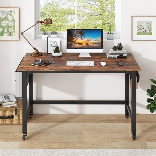 Costway 1 PCS Rolling Computer Desk Metal Frame PC Laptop Table Wood Top Study Workstation