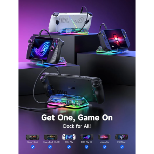 JSAUX 12-IN-1 4K@120Hz HDMI & DisplayPort RGB Docking Station for Steam Deck/ROG Ally X/Legion Go (HB1201S) - Clear