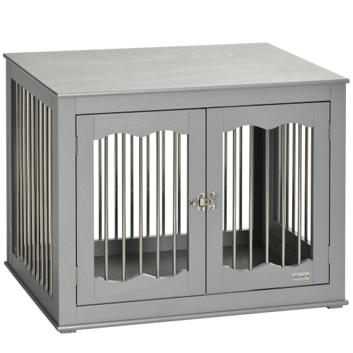 PawHut Dog Crate Furniture, 32" Dog Kennel Side End Table with Three Doors, Locks, Dog Cage for Indoor Use, for Small Medium Dogs, Grey