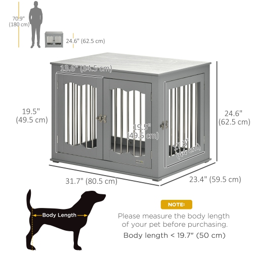 PawHut Dog Crate Furniture, 32" Dog Kennel Side End Table with Three Doors, Locks, Dog Cage for Indoor Use, for Small Medium Dogs, Grey