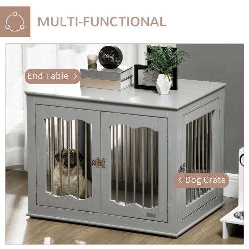 PawHut Dog Crate Furniture, 32" Dog Kennel Side End Table with Three Doors, Locks, Dog Cage for Indoor Use, for Small Medium Dogs, Grey