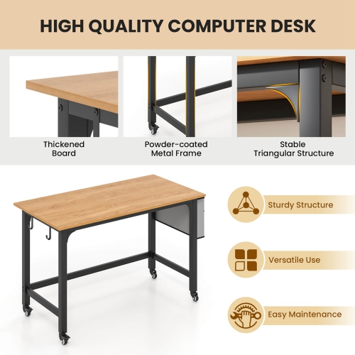 Costway 2 PCS Rolling Computer Desk Metal Frame PC Laptop Table Wood Top Study Workstation