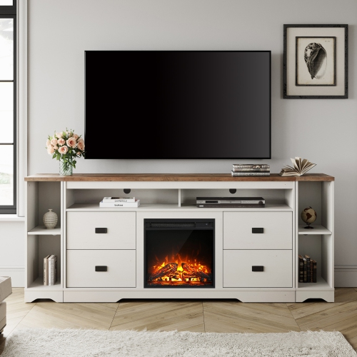 WAMPAT  Fireplace Tv Stand for 85+ Inch Tv, Hihgboy Wood Entertainment Center With 4 Drawers And Adjustable Shelf for Living Room, Antique In White