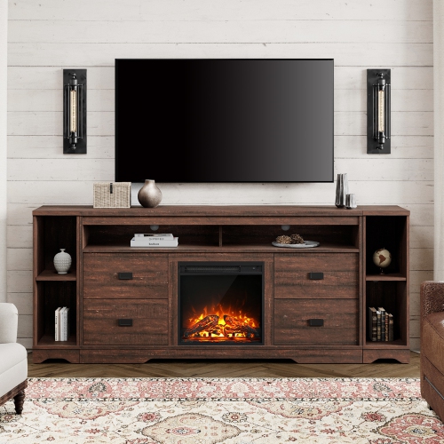 WAMPAT  Fireplace Tv Stand for 85+ Inch Tv, Hihgboy Wood Entertainment Center With 4 Drawers And Adjustable Shelf for Living Room, Rustic In Brown