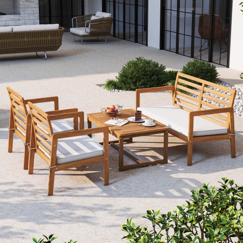 COSTWAY  4 PCs Wood Patio Furniture Set With Soft Seat Cushions Solid Acacia Wood Frame