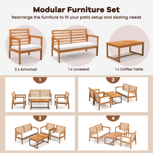 Costway 4 PCS Wood Patio Furniture Set with Soft Seat Cushions Solid Acacia Wood Frame