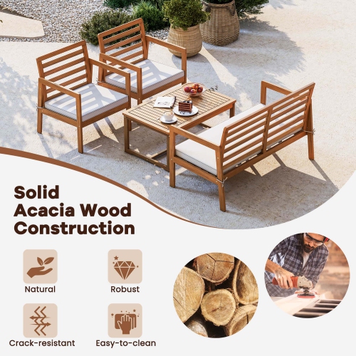 Costway 4 PCS Wood Patio Furniture Set with Soft Seat Cushions Solid Acacia Wood Frame