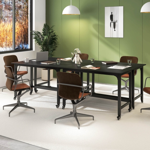 Bureau d'ordinateur roulant avec cadre en métal PC de Costway 4 PCS poste de travail à dessus en bois pour ordinateur portatif