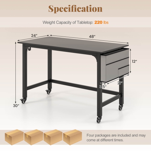 Bureau d'ordinateur roulant avec cadre en métal PC de Costway 4 PCS poste de travail à dessus en bois pour ordinateur portatif