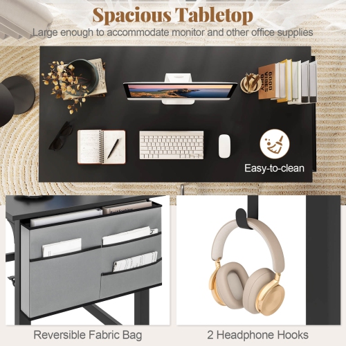 Bureau d'ordinateur roulant avec cadre en métal PC de Costway 4 PCS poste de travail à dessus en bois pour ordinateur portatif