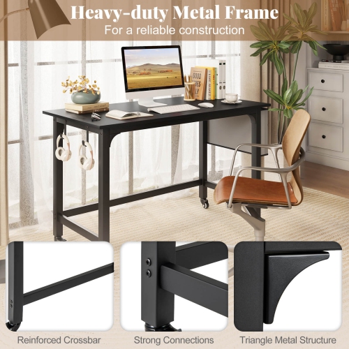 Bureau d'ordinateur roulant avec cadre en métal PC de Costway 4 PCS poste de travail à dessus en bois pour ordinateur portatif