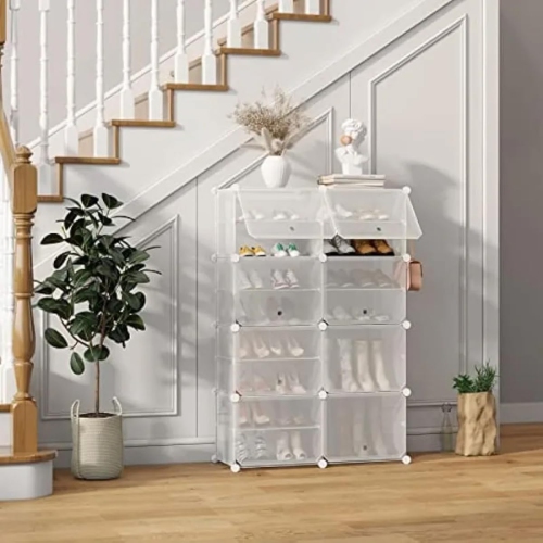 32 Pair Shoe Storage Cabinet with Door Expandable Plastic Shoe Organizer