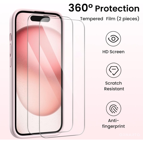 ORNARTO Designed for iPhone 15 Case with 2X Screen Protector, Liquid Silicone Gel Rubber Cover [Upgraded Camera Protection], Shockproof Protective