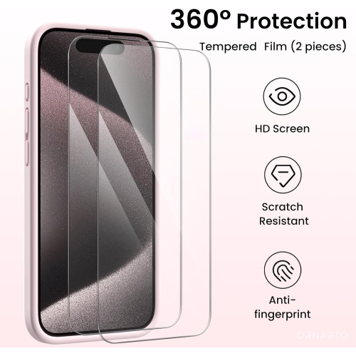 ORNARTO Compatible with iPhone 15 Pro Case, with 2 x Screen Protector Liquid Silicone Gel Rubber Cover [Full Body] Shockproof Protective Phone Case