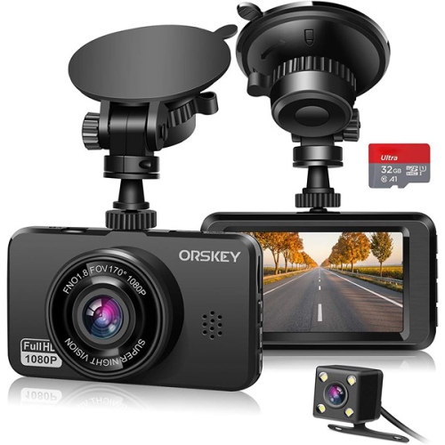 Caméra de tableau de bord ORSKEY pour voitures avant et arrière et carte SD comprenant l'enregistrement en boucle HD intégrale 1080P et un détecteur