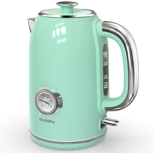 KitchMix Electric Tea Kettles1500W for Boiling Water, 1.7L Stainless Steel Tea Kettle with Thermometer, Auto Shut-Off & Boil-Dry, Cool Touch Handle,