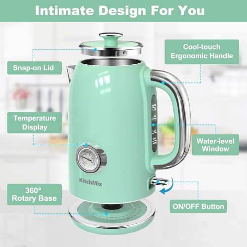 KitchMix Electric Tea Kettles1500W for Boiling Water, 1.7L Stainless Steel Tea Kettle with Thermometer, Auto Shut-Off & Boil-Dry, Cool Touch Handle,