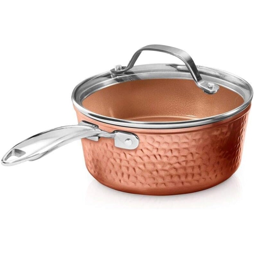 Gotham Steel Nonstick Hammered Copper Collection – 2.5 Quart Sauce Pan with Lid, Premium Cookware, Aluminum Composition with Induction Plate for Even