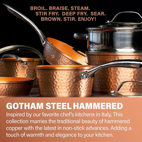 Gotham Steel Nonstick Hammered Copper Collection – 2.5 Quart Sauce Pan with Lid, Premium Cookware, Aluminum Composition with Induction Plate for Even