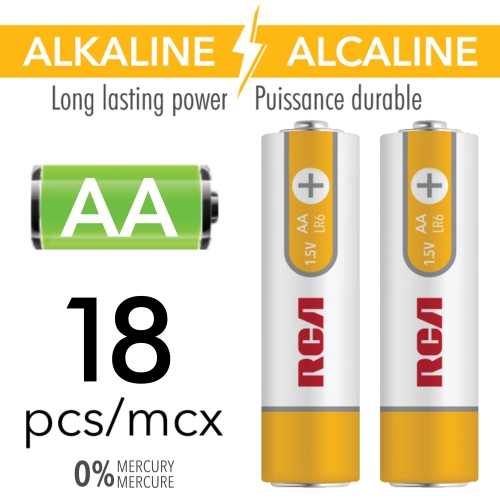RCA - Paquet de 18 piles alcalines AA, alimentation longue durée, sans mercure