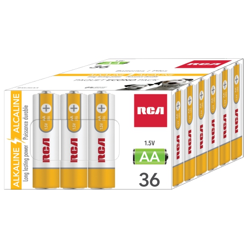 RCA - 36 Pack AA Alkaline Batteries, Long Lasting Power, Mercury Free