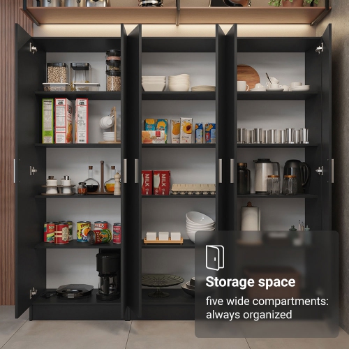 Madesa Kitchen Set 3 Pantry Storage Cabinet with 5 Utility Shelves 23"L Wooden Organization Unit for Kitchen - Black