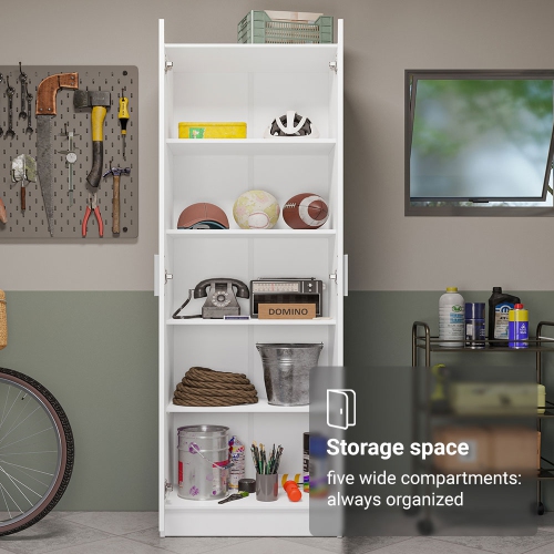 Madesa Garage Pantry Storage Cabinet 2 Doors with 5 Utility Shelves 23"L Wooden Organization Unit for Garage - White