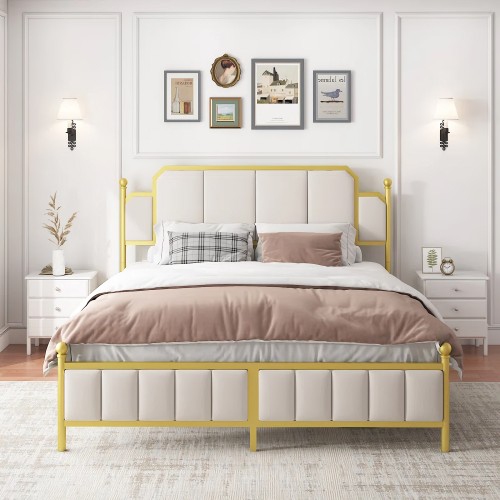 Cadre de grand lit recouvert, cadre de lit en métal, tête de lit en lin, rangement sous lit, pas de sommier requis