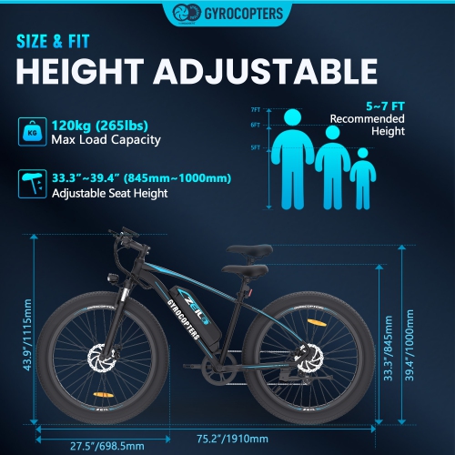 Gyrocopters Zeil Fat Tire Mountain E-Bike for adults with 500 W Motor | 27.5* 3” tires | Speed up to 40 km/h | PAS Range up to 91 km | Anti-theft GPS