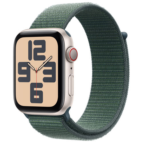 Apple Watch SE (GPS + Cellular) avec boîtier de 44 mm en aluminium comète et bracelet sport à rabat vert lacustre par Rogers - Financement mensuel