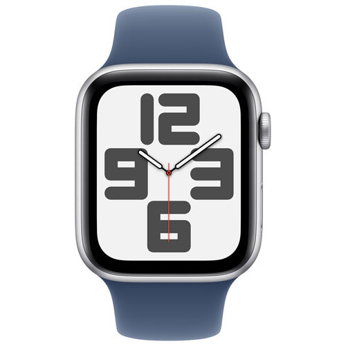 Apple Watch SE (GPS + Cellulaire) avec boîtier de 44 mm en aluminium argenté et bracelet sport denim par Virgin Plus - Moyen/Grand - Financement mensuel